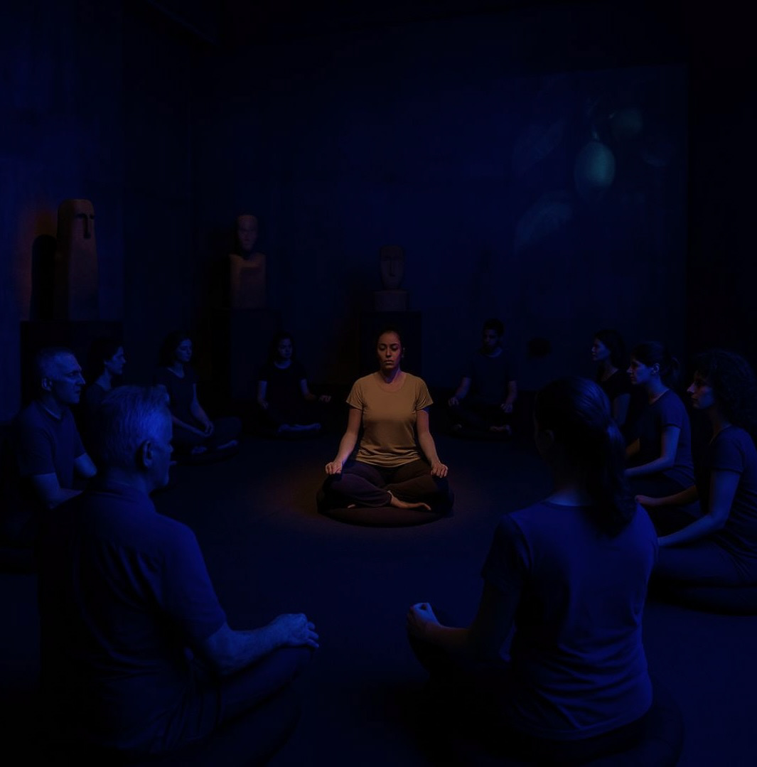 03. The body: After experiencing the works through touch, it is time to connect with one's own body. Participants remove their headphones to immerse themselves in a guided meditation led by a yoga professional. This activity relates to the previous experience, as Oteiza connects his stone sculptures with mortality. During the meditation, the concept of mortality is explored through breathing and feeling the heartbeat.