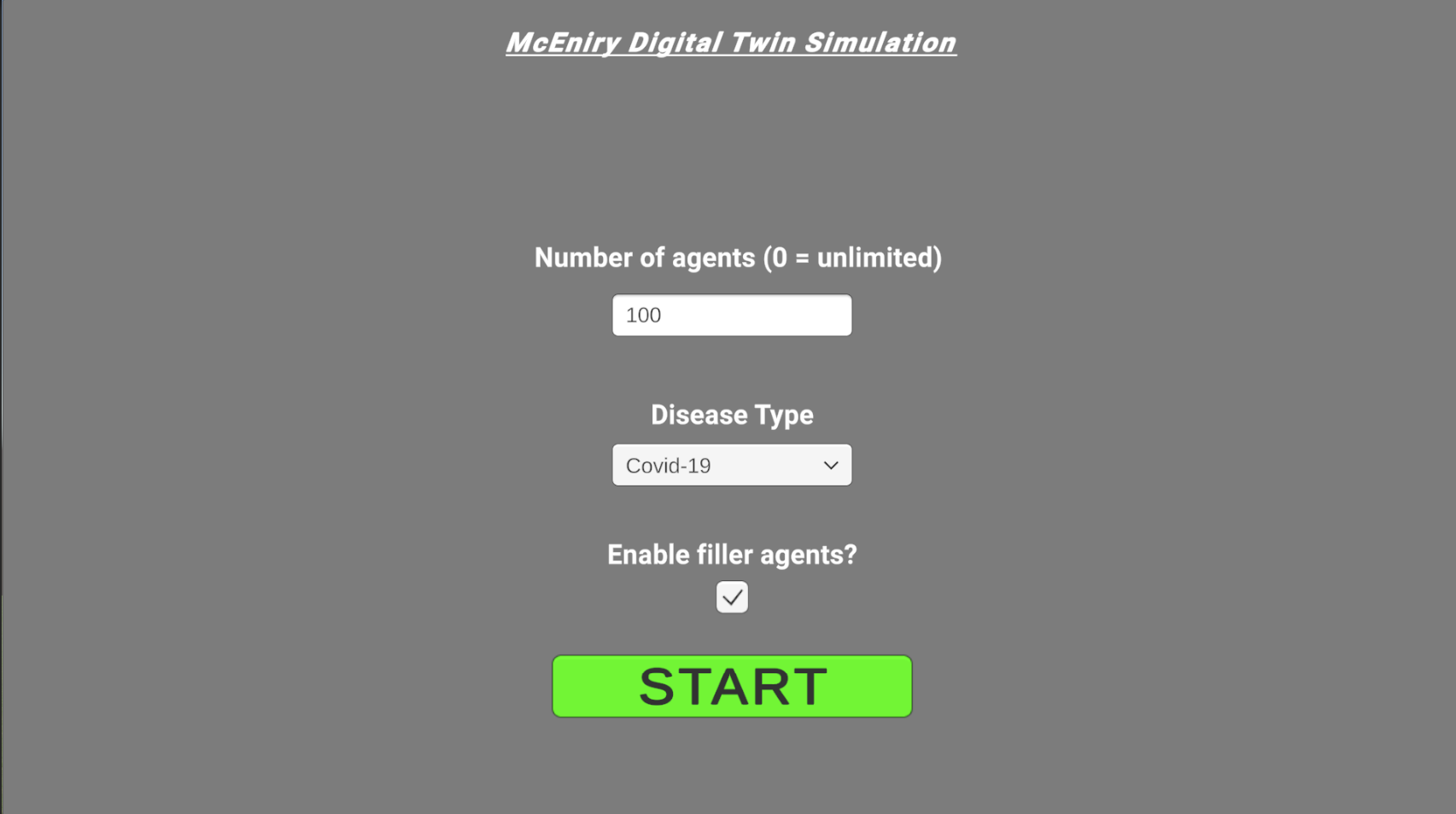 Main menu which allows you to customize the sim. (WIP)