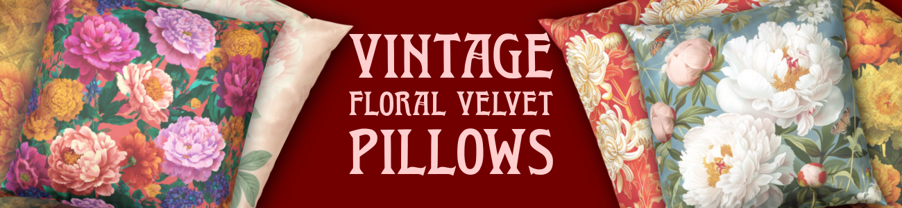 A banner featuring four velvet throw pillows that serves as a button that leads to the Bright and Shiny NYC Vintage Floral Velvet Pillows Collection