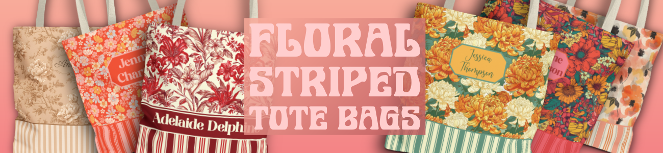 A banner featuring six tote bags that serves as a button that leads to the Bright and Shiny NYC Floral Striped Tote Bags Collection