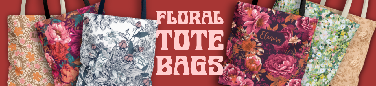 A banner featuring six tote bags that serves as a button that leads to the Bright and Shiny NYC Floral Tote Bags Collection