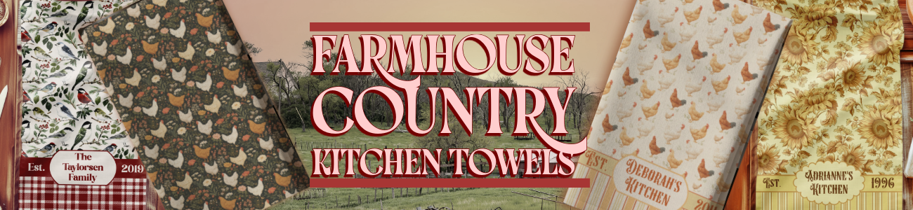A banner featuring four kitchen tea towels that serves as a button that leads to the Bright and Shiny NYC Farmhouse Country Kitchen Towels Collection