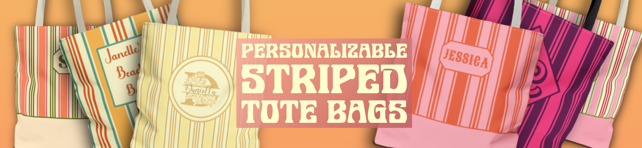 A banner featuring six tote bags that serves as a button that leads to the Bright and Shiny NYC Personalizable Striped Tote Bags Collection