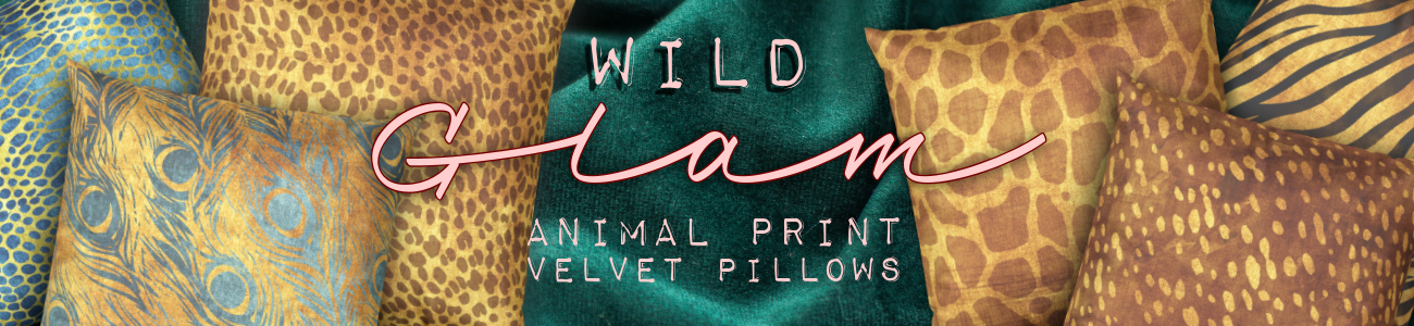 A banner featuring six velvet throw pillows that serves as a button that leads to the Bright and Shiny NYC Wild Glam Animal Print Velvet Pillows Collection