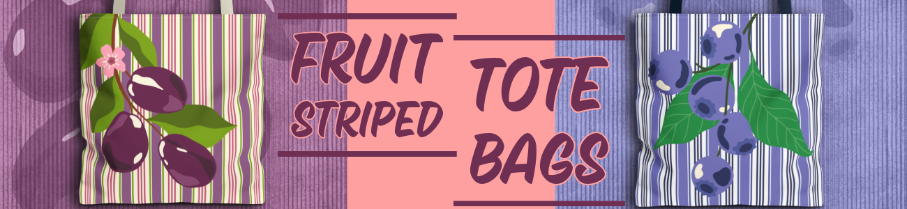 A banner featuring two tote bags that serves as a button that leads to the Bright and Shiny NYC Fruit Striped Tote Bags Collection
