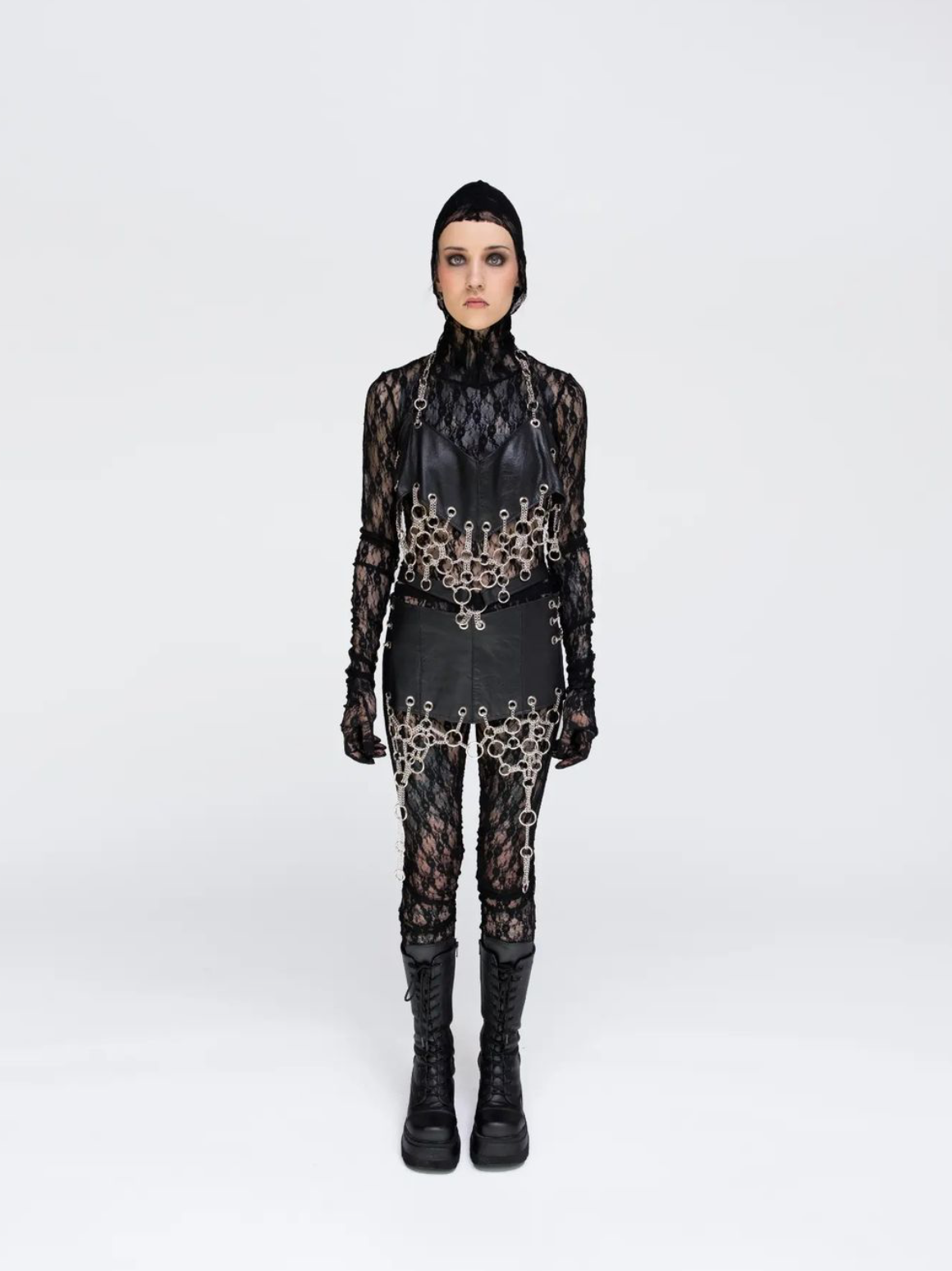 LOOK4. Lace leggings & body, leather top & skirt