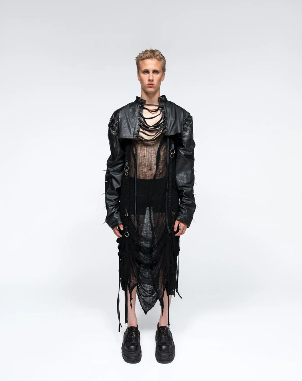 LOOK1. Leather jacket & gauze dress.