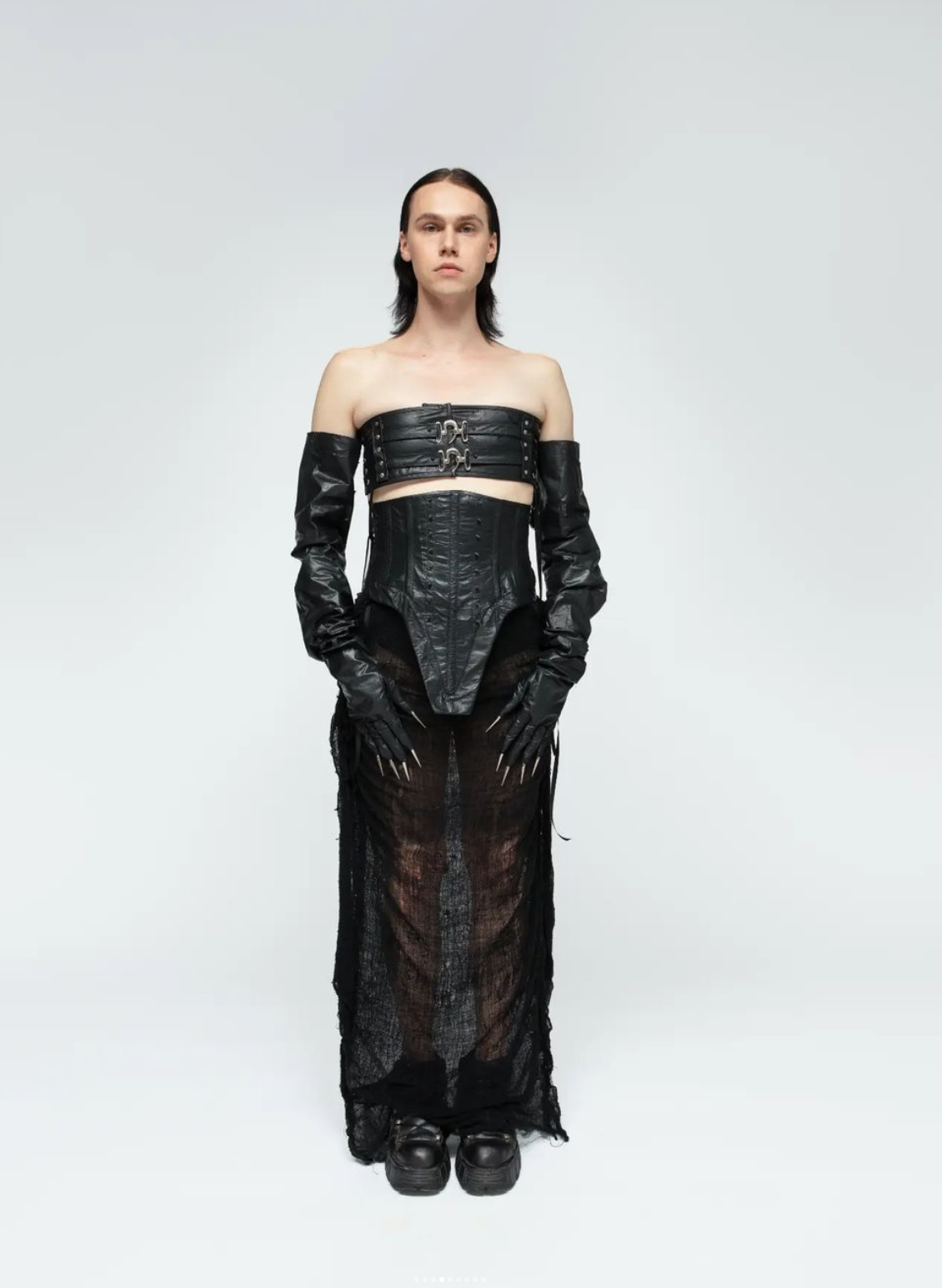 LOOK3. Gauze skirt, leather top, gloves & corset.