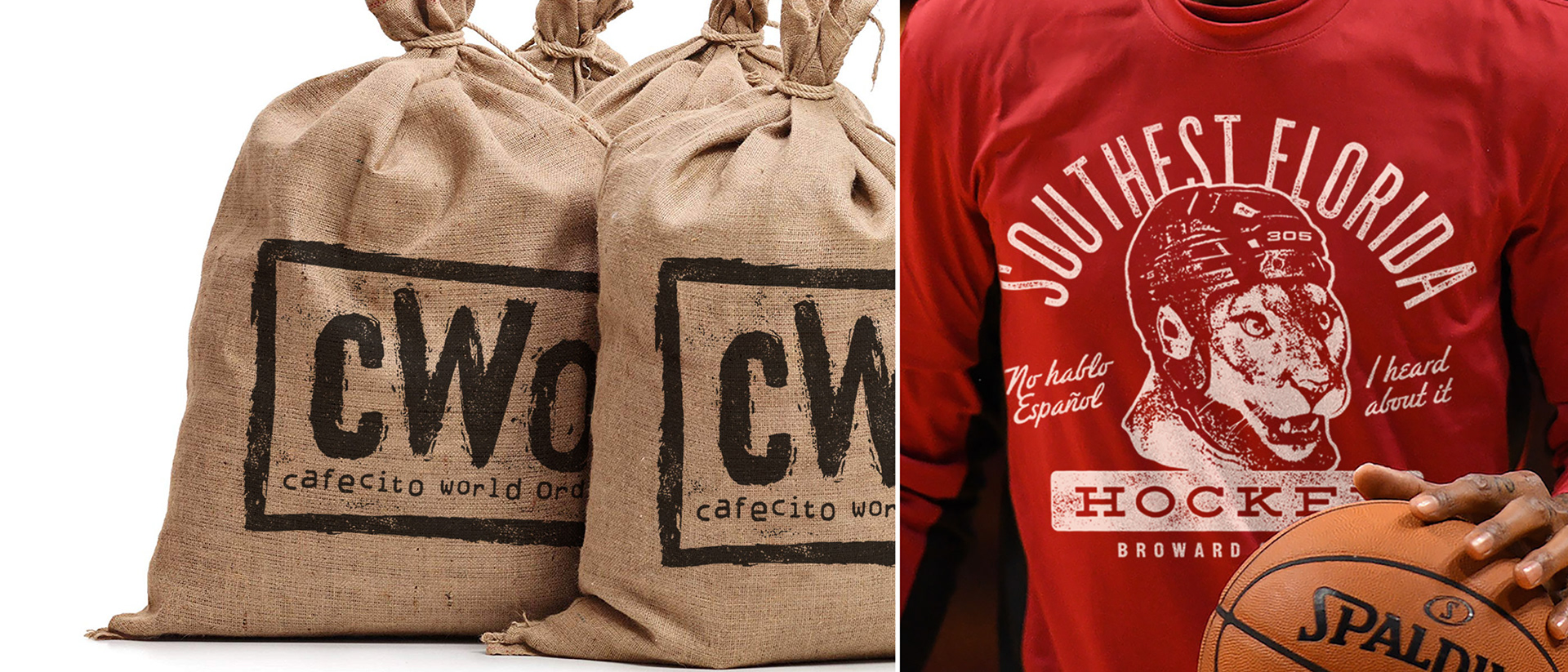Burlap coffee bean sacks with the CWO Cafecito World Order printed on them; a close-up photo of a basketball player supporting the local hockey team.