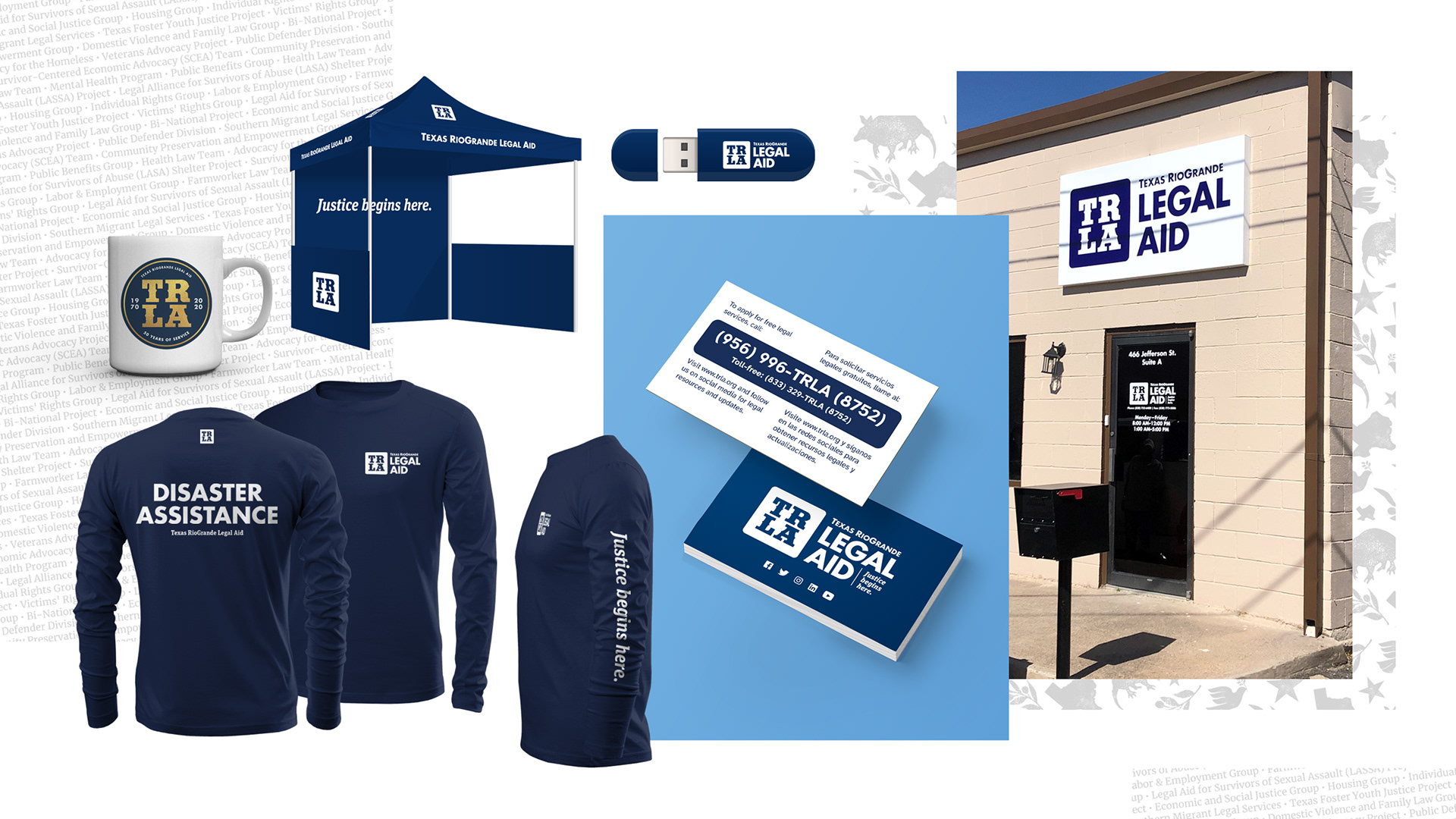 A collage of thumbnail images previews branded clothing, display, and giveaway items.