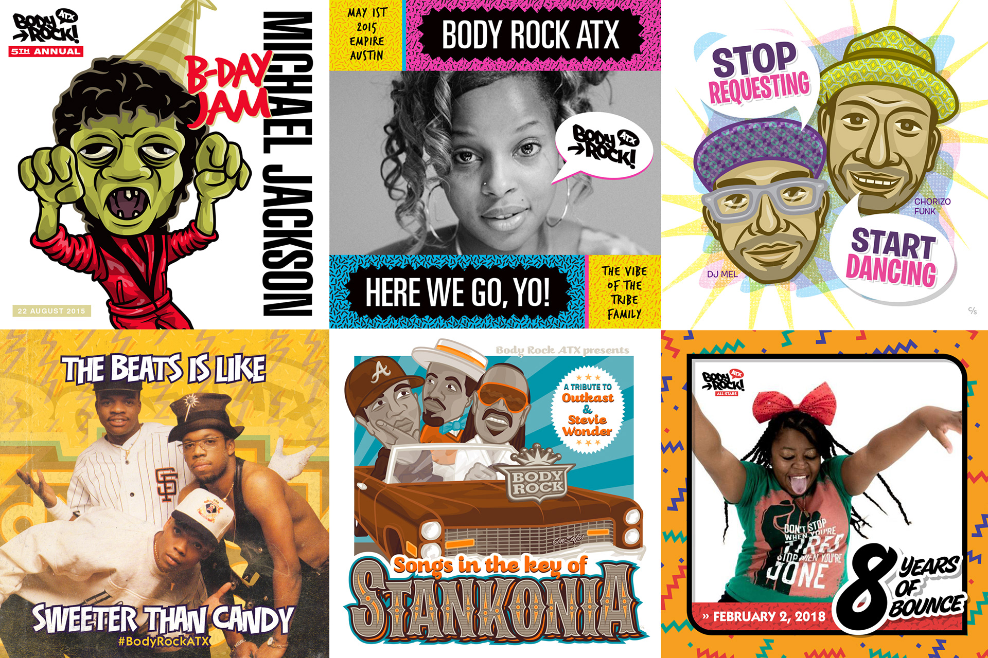 A collection of promotional digital graphics & illustrations for Body Rock ATX