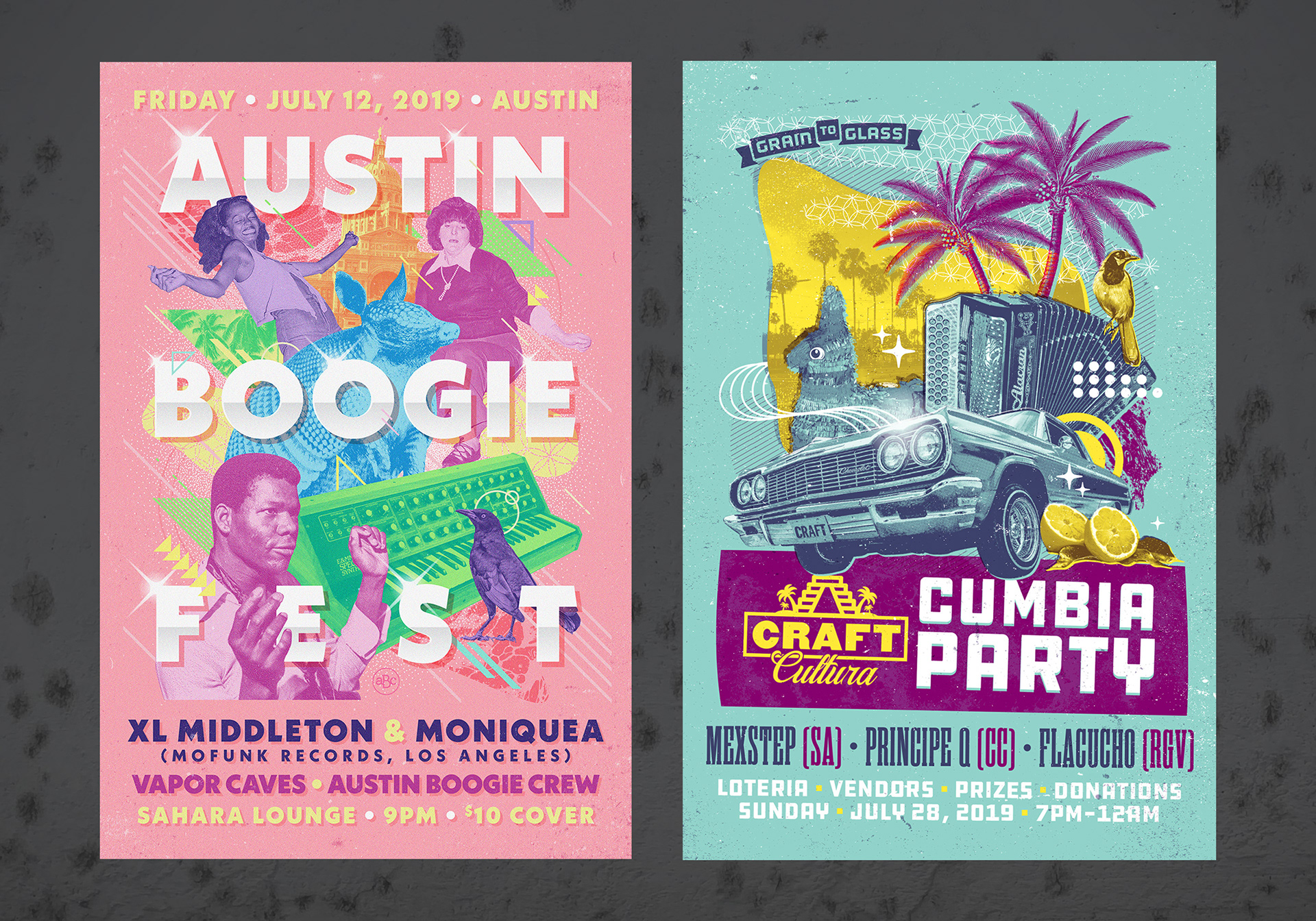 2 gigposters, side-by-side: 2019 Austin Boogie Fest; 2019 Craft Cultura Cumbia Party