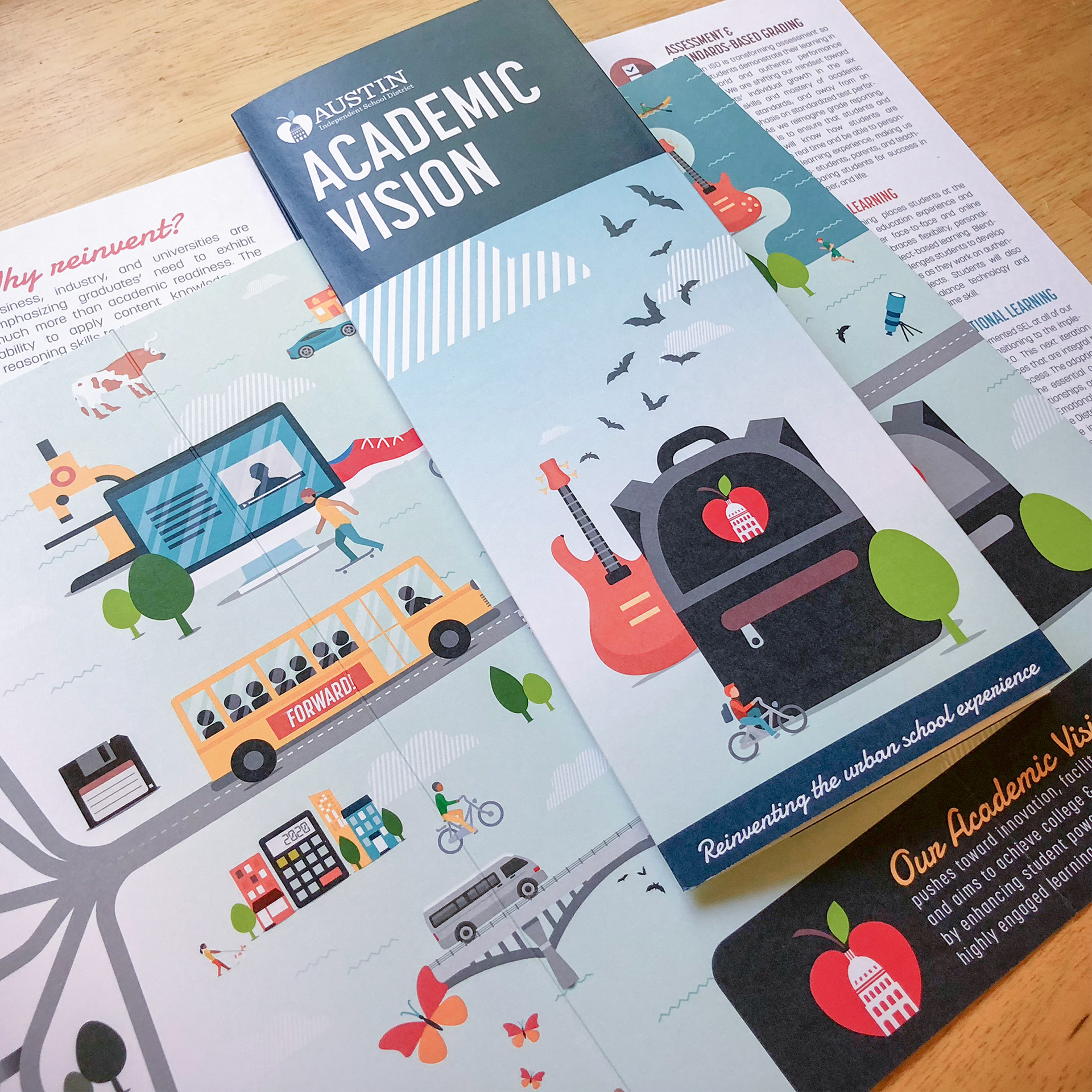 Printed samples of Austin Independent School Districts 2018 Academic Vision promotional handout.