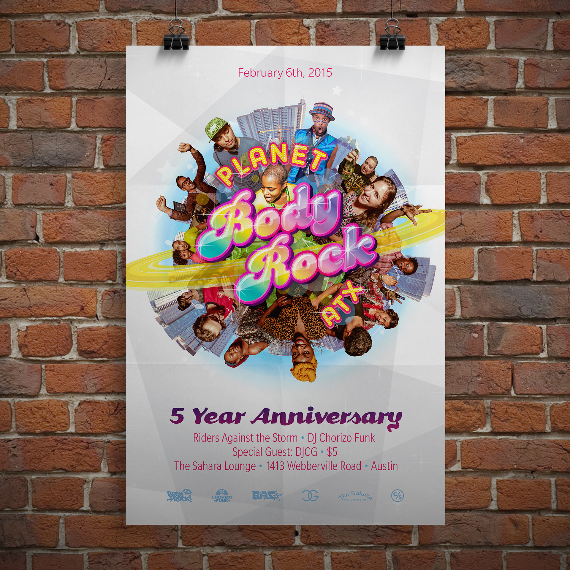 A poster mockup for Body Rock ATX's 5th anniversary party