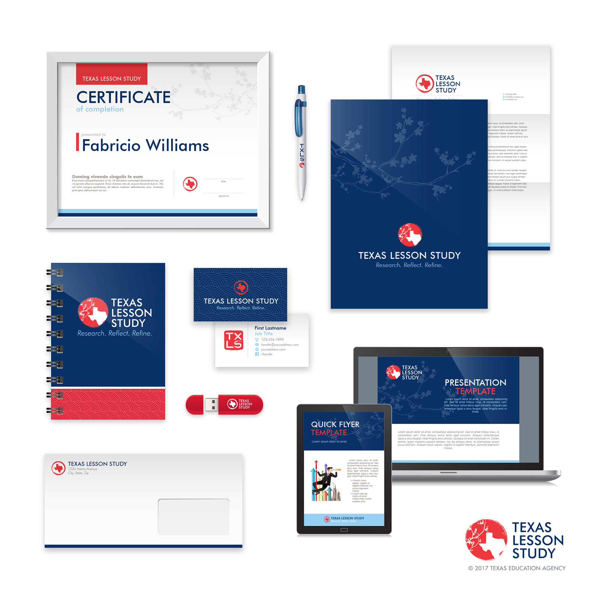 A graphic spread of the award-winning Texas Lesson Study identity package