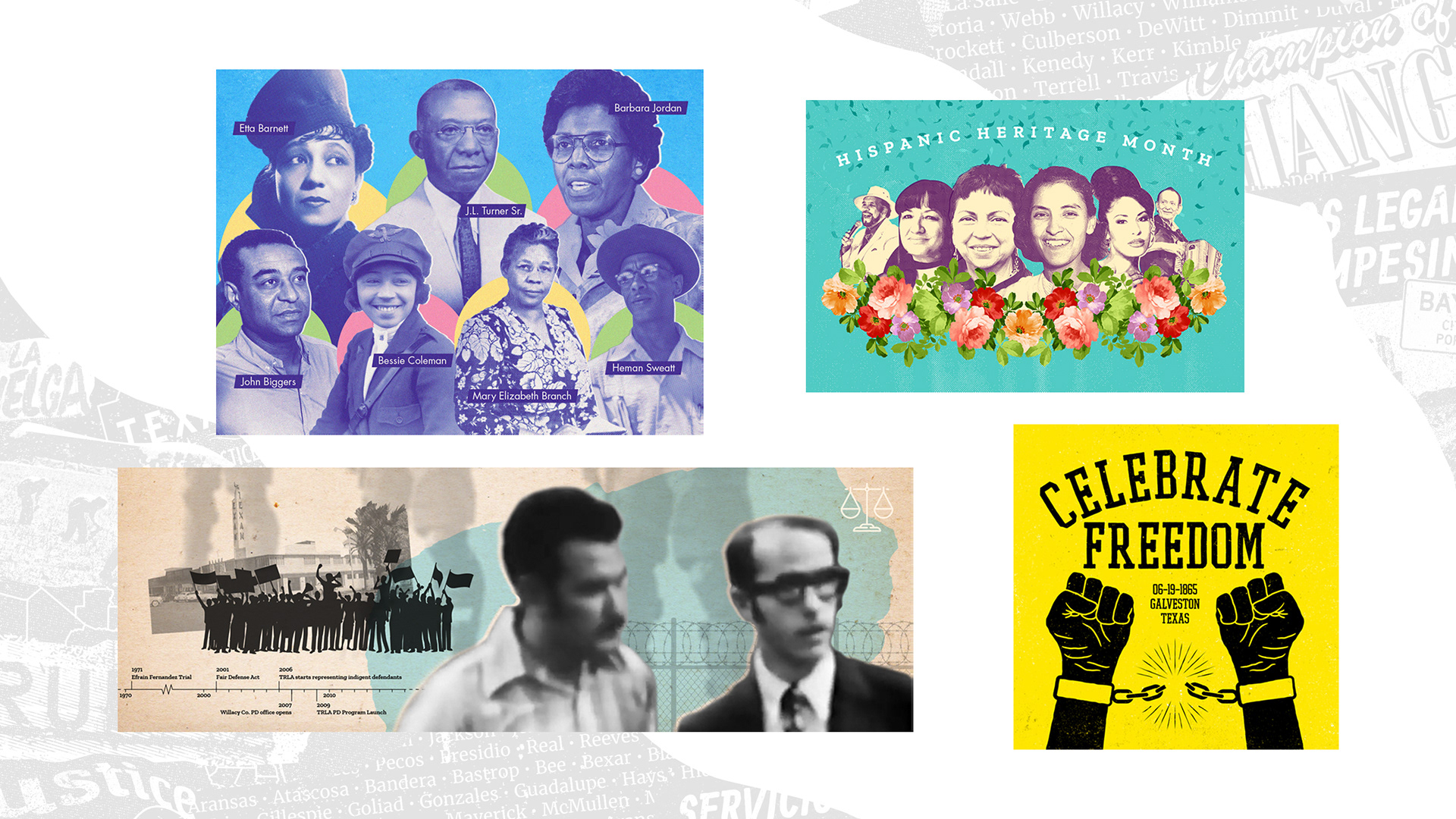 A collection of 4 digital illustrations relating to Texas history: The top left graphic celebrates Black Texans; the right celebrates Hispanic Texans; bottom left offers a visual timeline of the Pharr riots; and the bottom right graphic celebrates the abolishment of slavery.