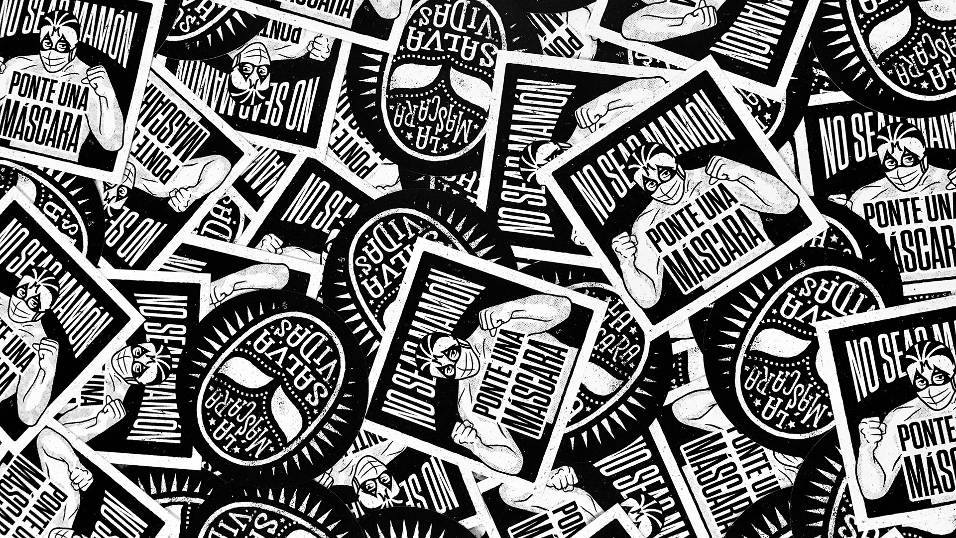 A spread of COVID-themed vinyl stickers emphasizing the importance of wearing a mask.