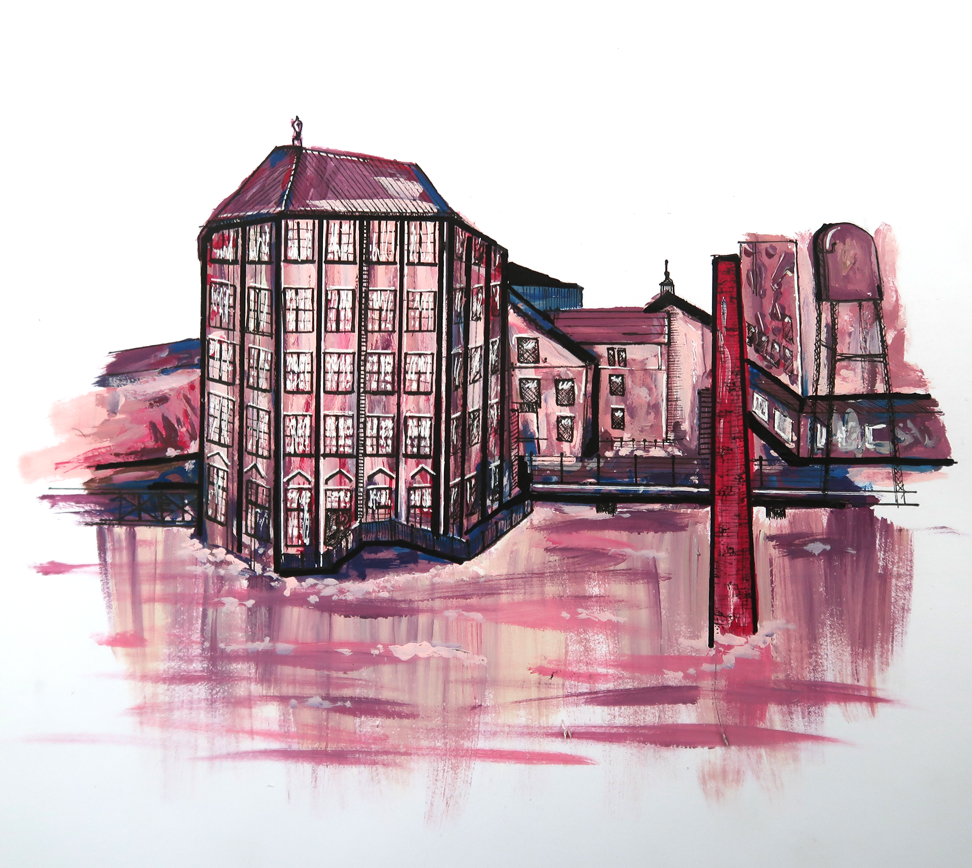 Norrköping målat med akryl och fineliner