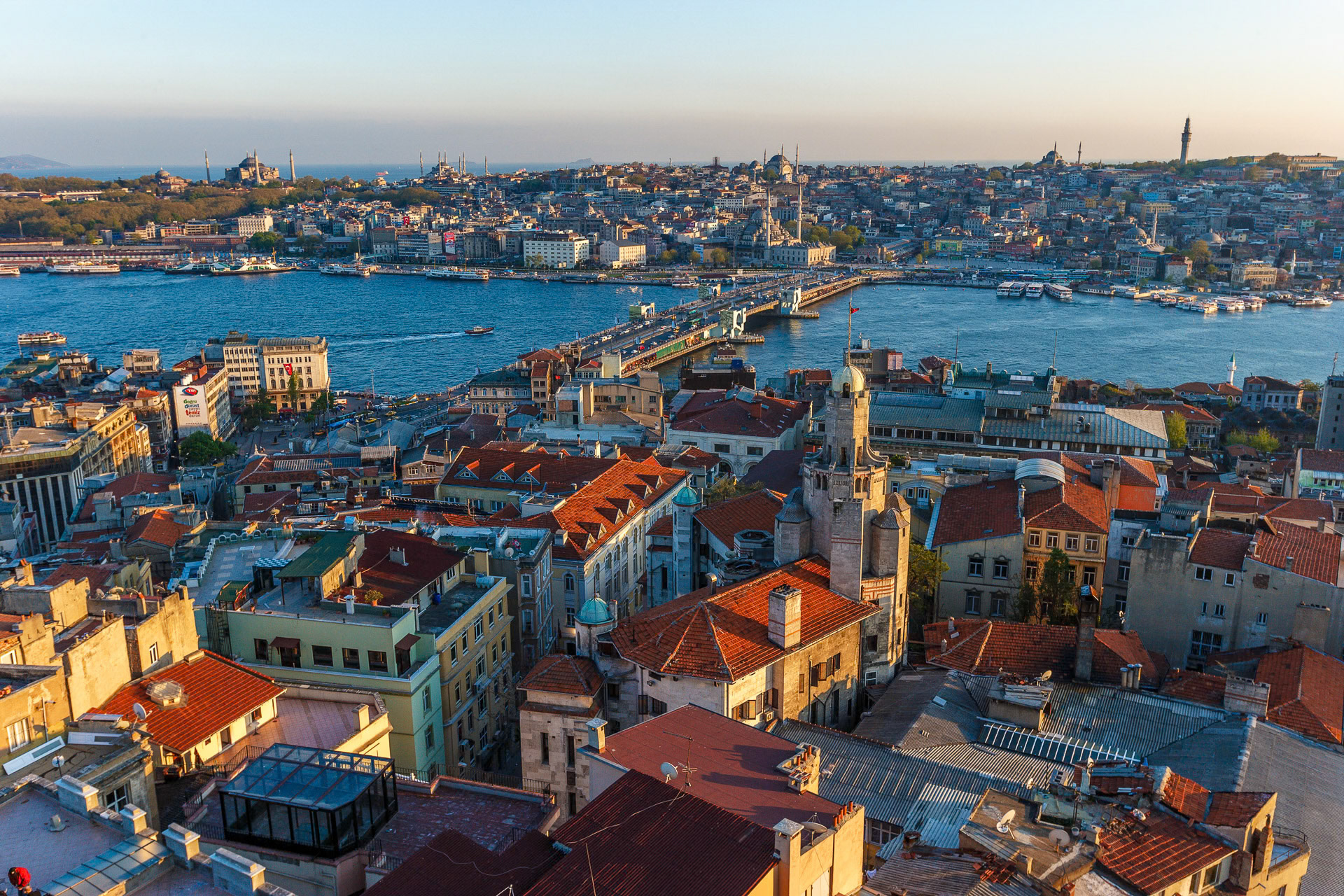 Karakoy, Eminonu and Galata Bridge at the Golden Horn as seen from Galata Tower, Istanbul, Turkey
