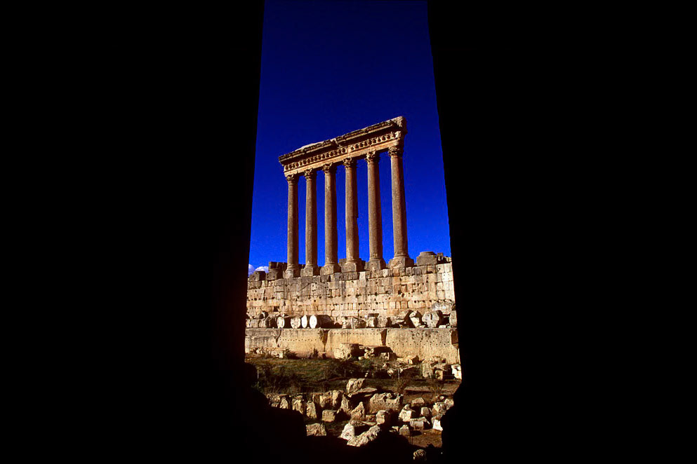Six remaining columns of the great temple of Jupiter (or Sun) Baalbek Ruins, Lebanon