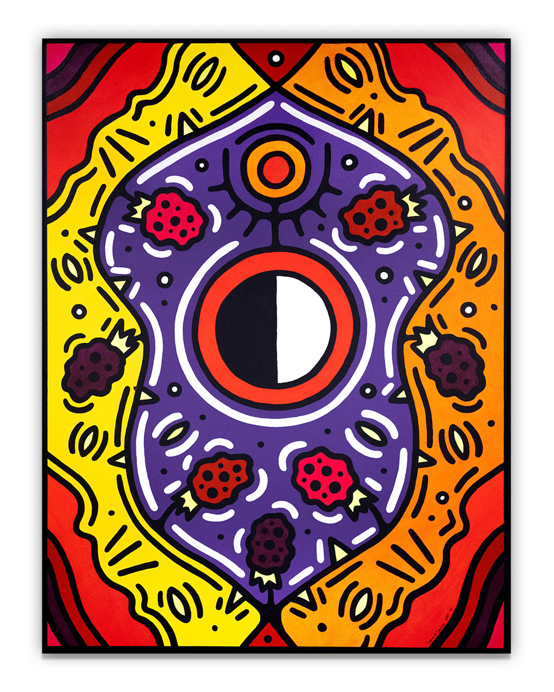 Datkaagmin Giizis - Blackberry Moon - July or August - Acrylic on canvas - 36” x 48” - Located at The Arts Res. 223 Kennedy Street, Winnipeg, MB. All Rights Reserved. 2021.