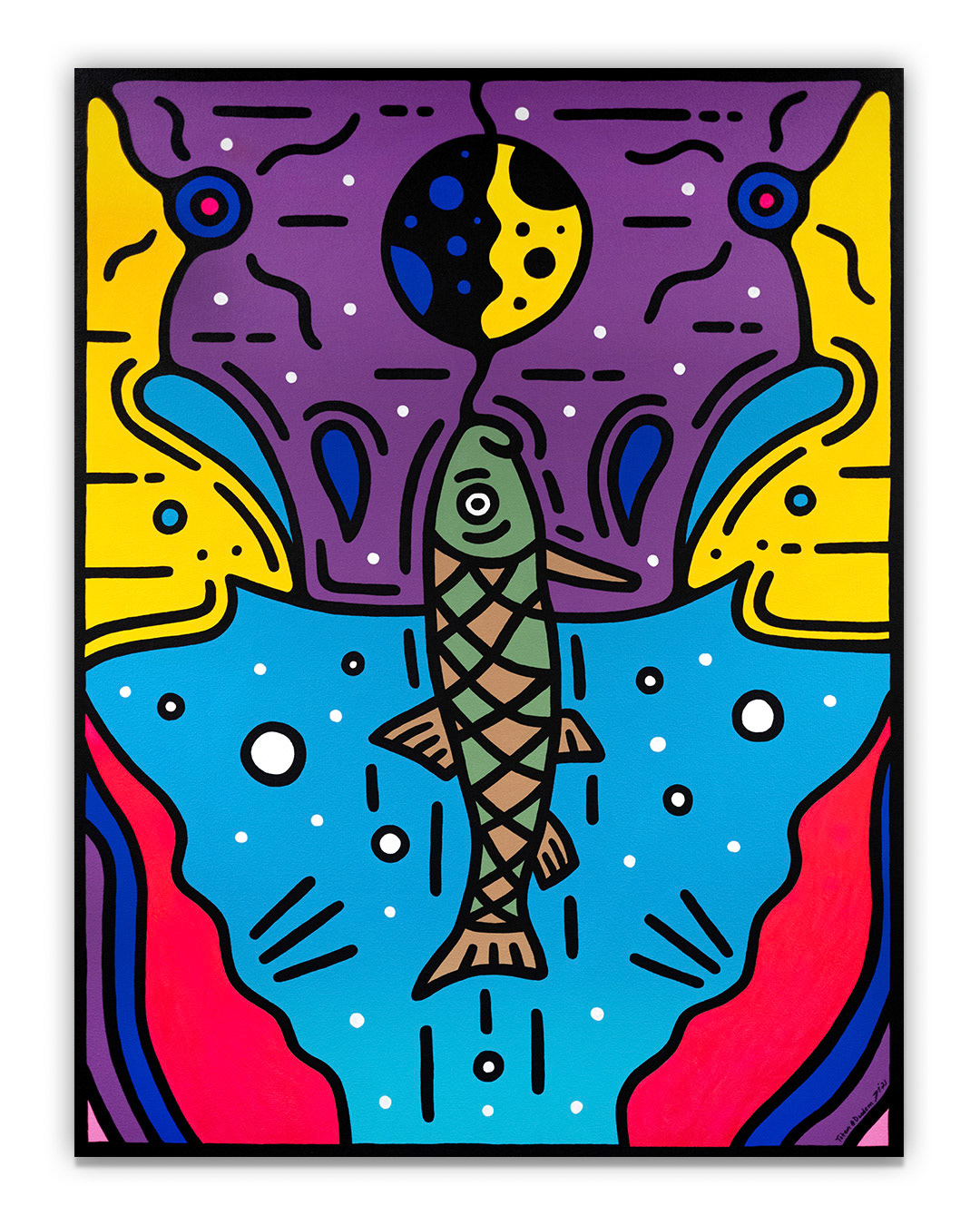 Namebine Giizis - Sucker Moon - April - Acrylic on canvas - 36” x 48” - Located at The Arts Res. 223 Kennedy Street, Winnipeg, MB. All Rights Reserved. 2021.