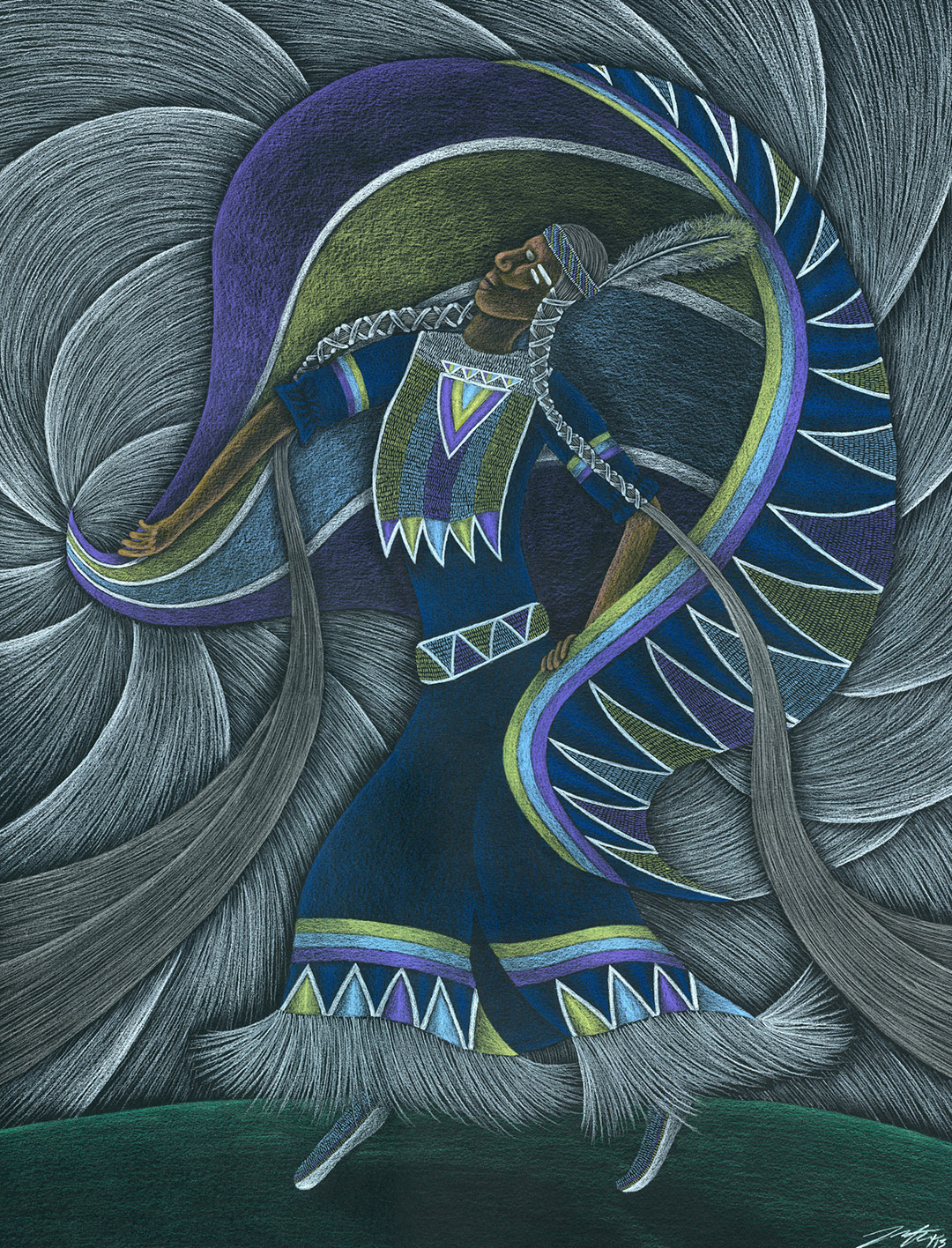 Waving Fancy Shawl, 20" x 26", Pencil Crayon on black Mayfair paper, 2013.