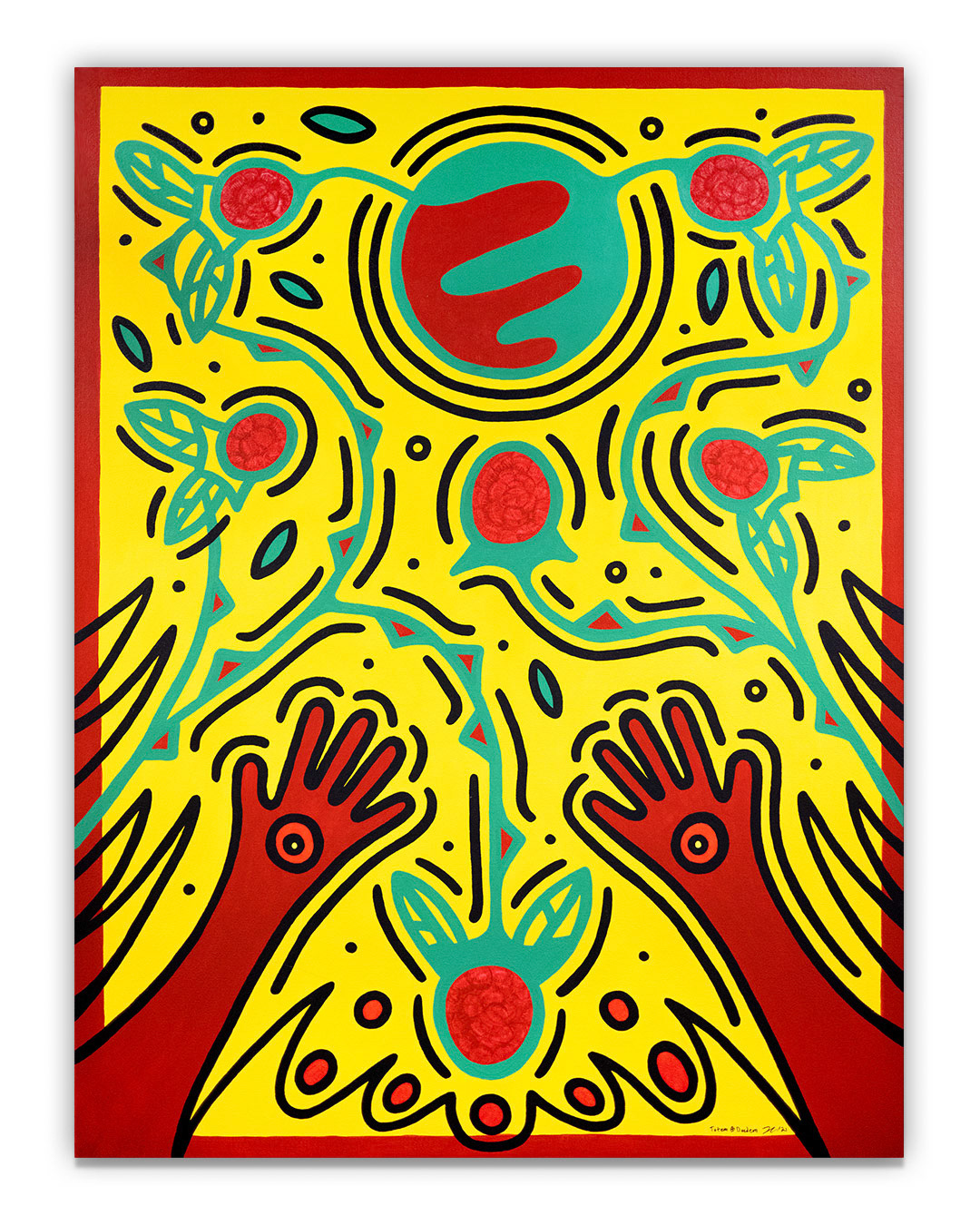 Mskomini Giizis - Raspberry Moon - July - Acrylic on canvas - 36” x 48” - Located at The Arts Res. 223 Kennedy Street, Winnipeg, MB. All Rights Reserved. 2021.