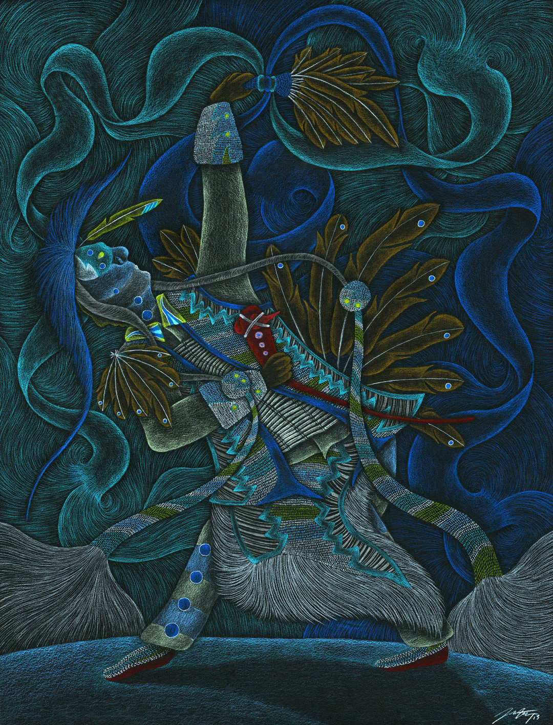 Cleansing Traditional, 20" x 26", Pencil Crayon on black Mayfair paper, 2013.