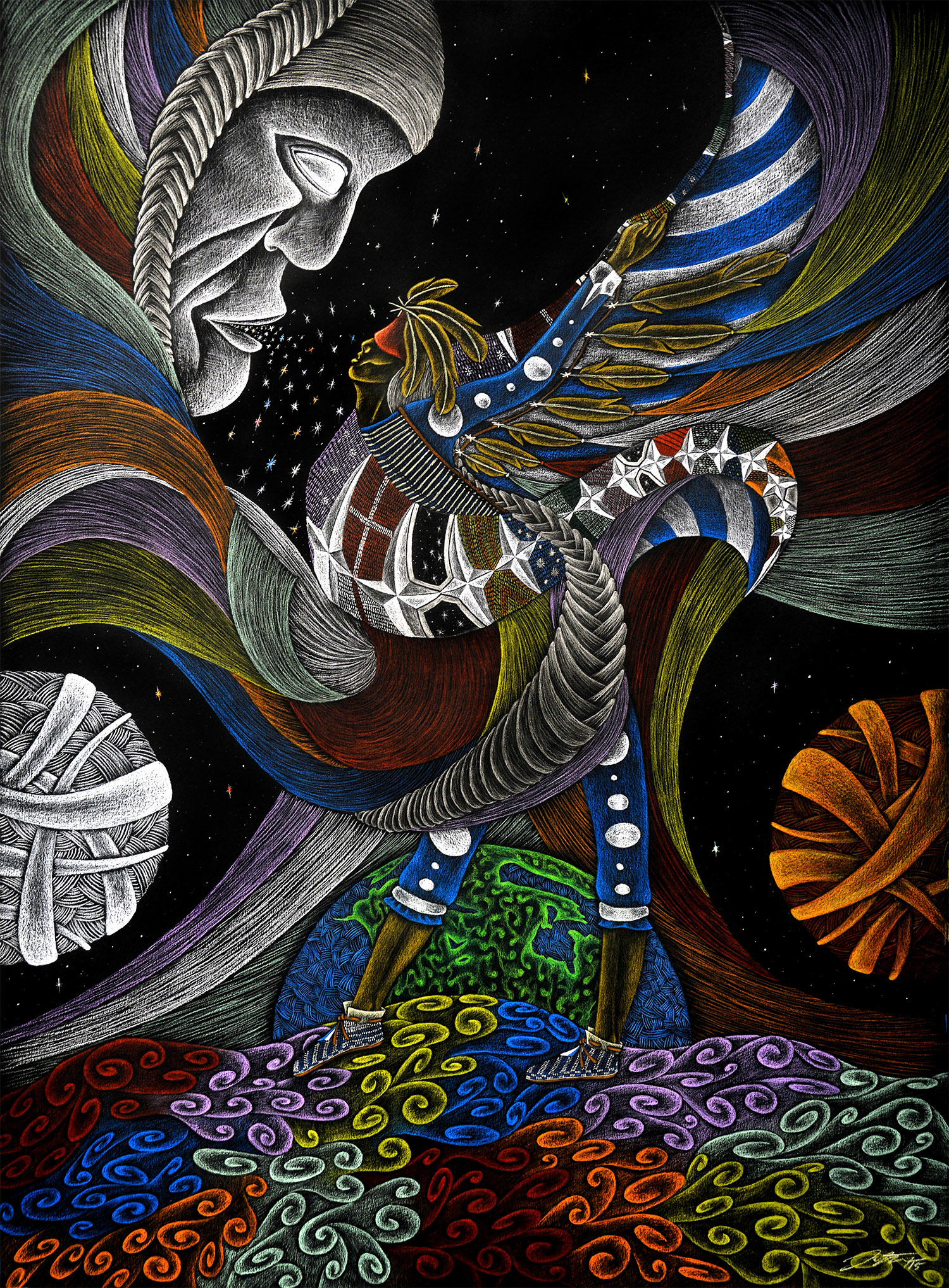 Two Spirited One, 26" x 35", Pencil Crayon on black Mayfair paper, 2015.