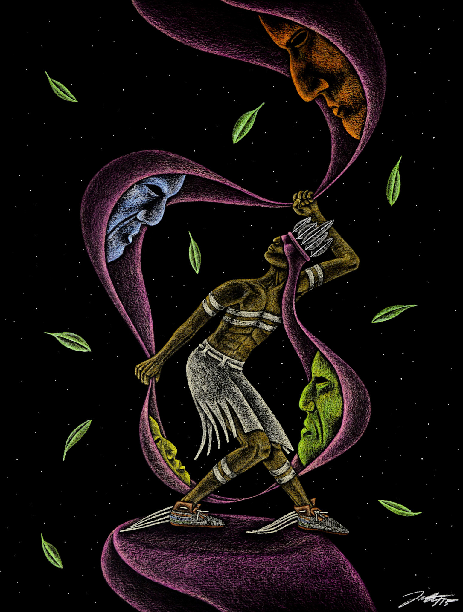 Gifted Windigokan, 20" x 26", Pencil Crayon on black Mayfair paper, 2015.