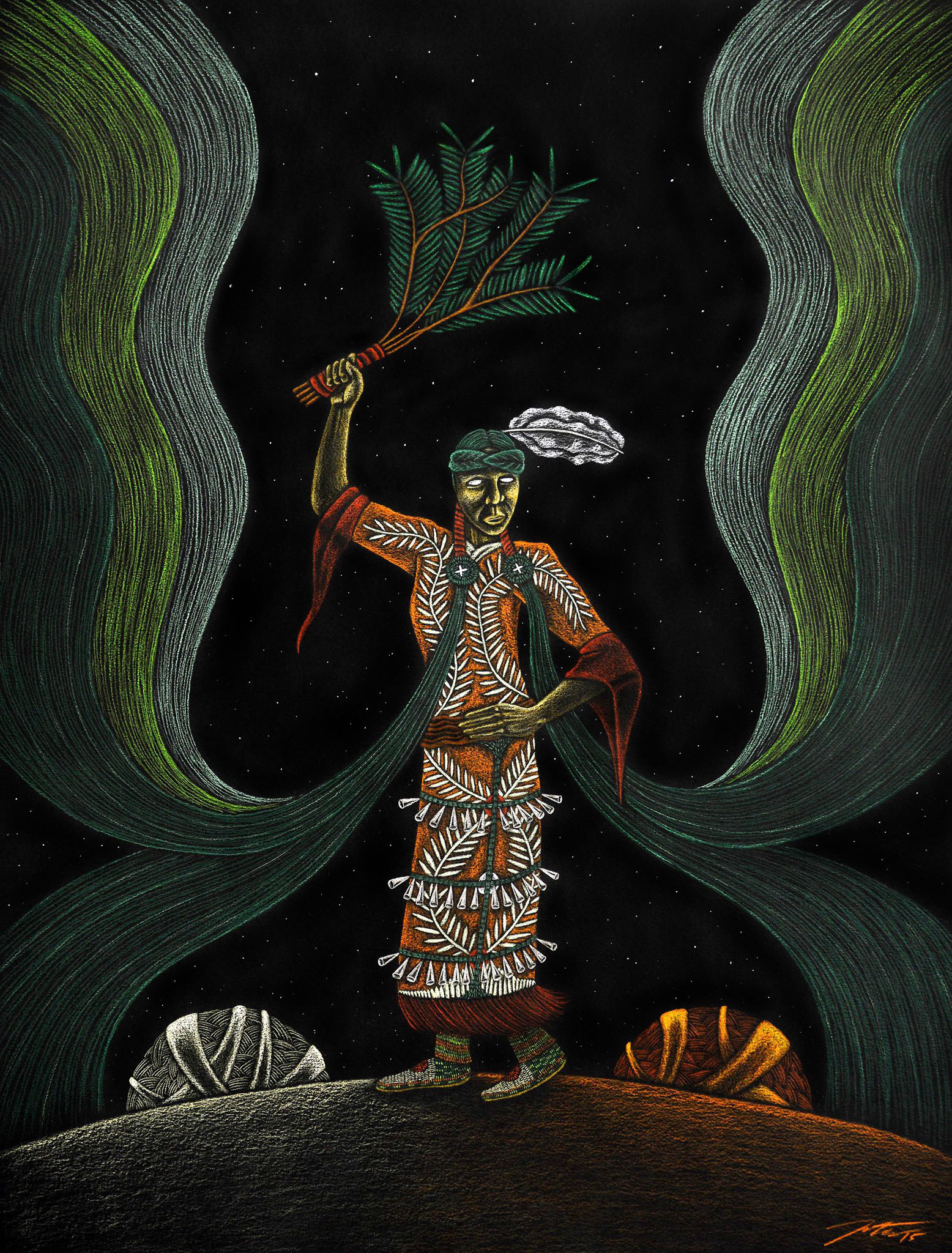 Jingle Dress Medicine Dancer, 20" x 26", Pencil Crayon on black Mayfair paper, 2015.