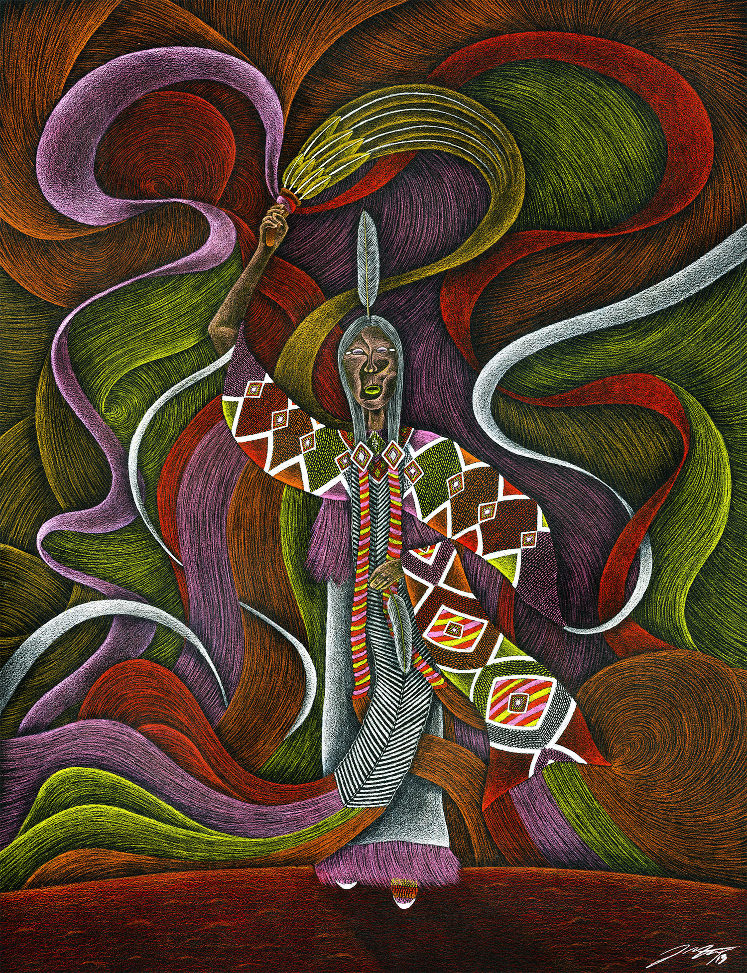 Giving Traditional, 20" x 26", Pencil Crayon on black Mayfair paper, 2013.