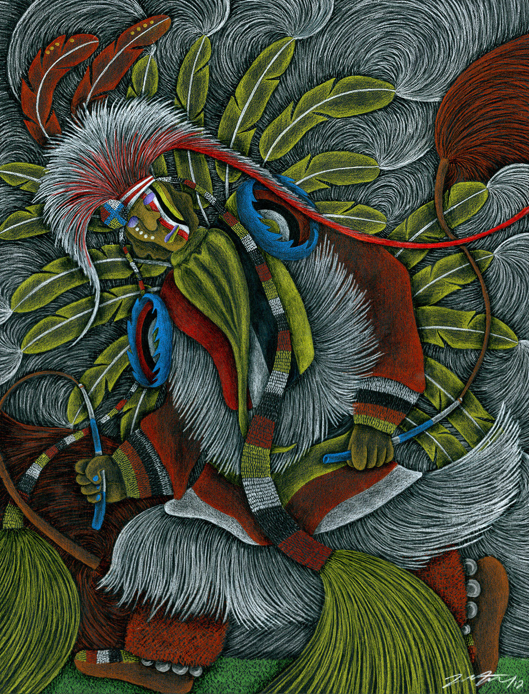 Four Direction Fancy Dancer, 16" x 13", Pencil Crayon on black Mayfair paper, 2012.