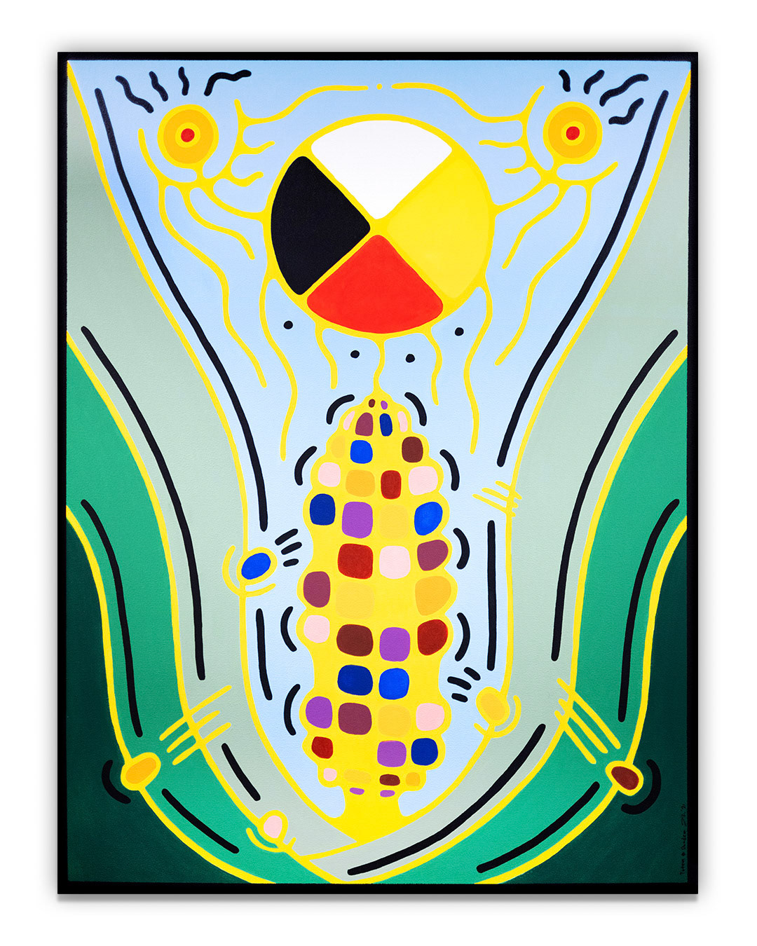Mdaamiin Giizis - Corn Moon - August - Acrylic on canvas - 36” x 48” - Located at The Arts Res. 223 Kennedy Street, Winnipeg, MB. All Rights Reserved. 2021.