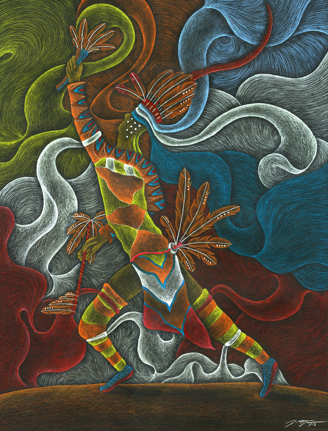 Autumn Chicken Dancer, 20" x 26", Pencil Crayon on black Mayfair paper, 2012.