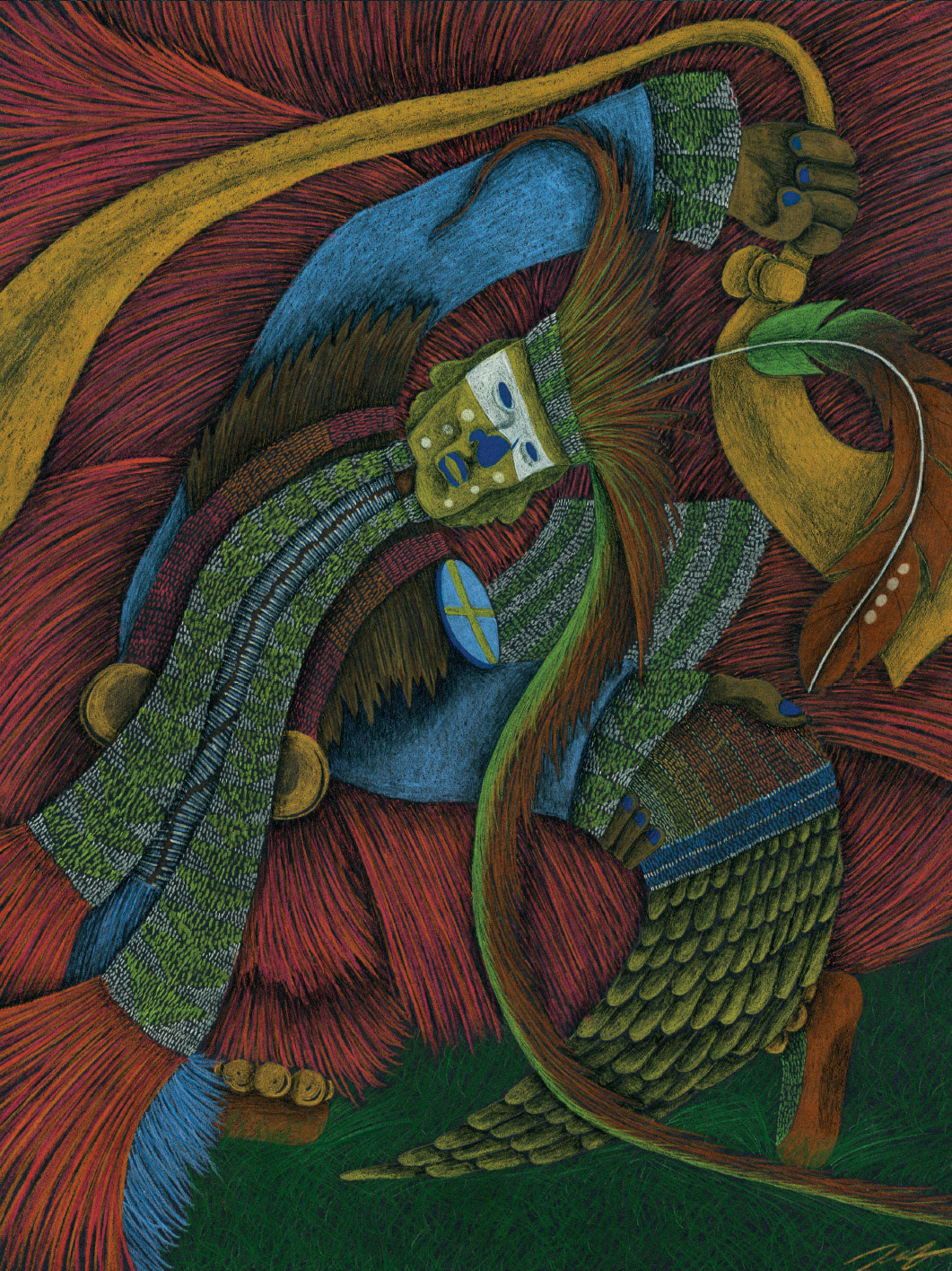 Grass Dancer, 9" x 12", Pencil Crayon on black Mayfair paper, 2012.