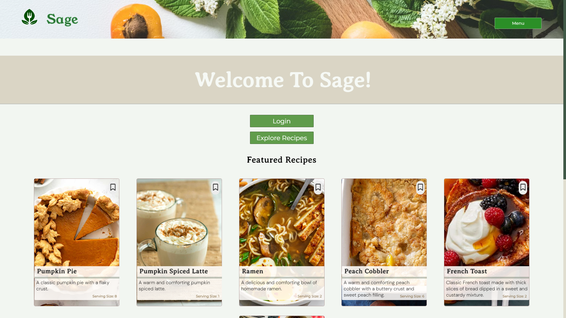 Homepage with featured recipes that pull from both database, and API