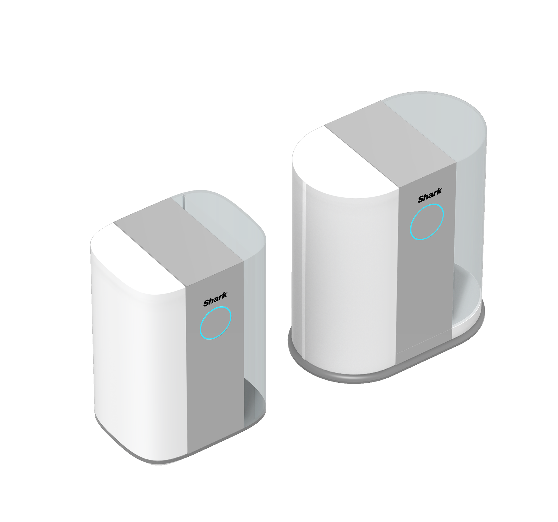 Explored a monolithic architecture using a single vertically sliced extrusion. Comparing a soft pill form to an elongated superellipse to study silhouette clarity, front-facing expression, and volume perception.