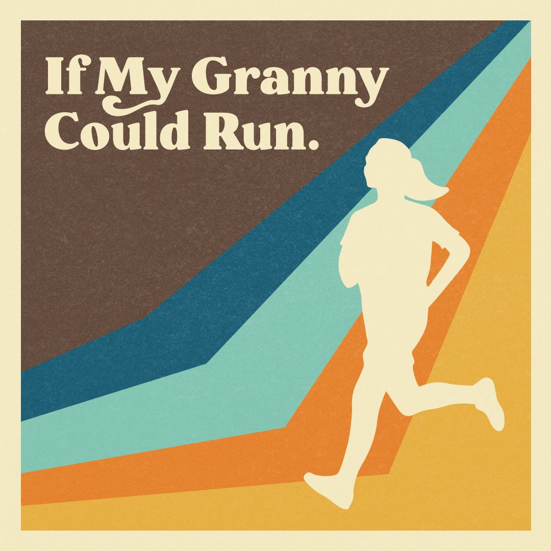 Main title design for If My Granny Could Run, featuring a silhouette of a woman running with 70s inspired stripes behind her.