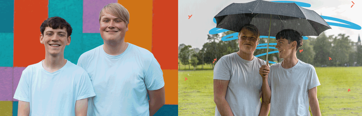 Two pictures of the company co-founders, Calum and Wilf. The images have animated shapes behind them.