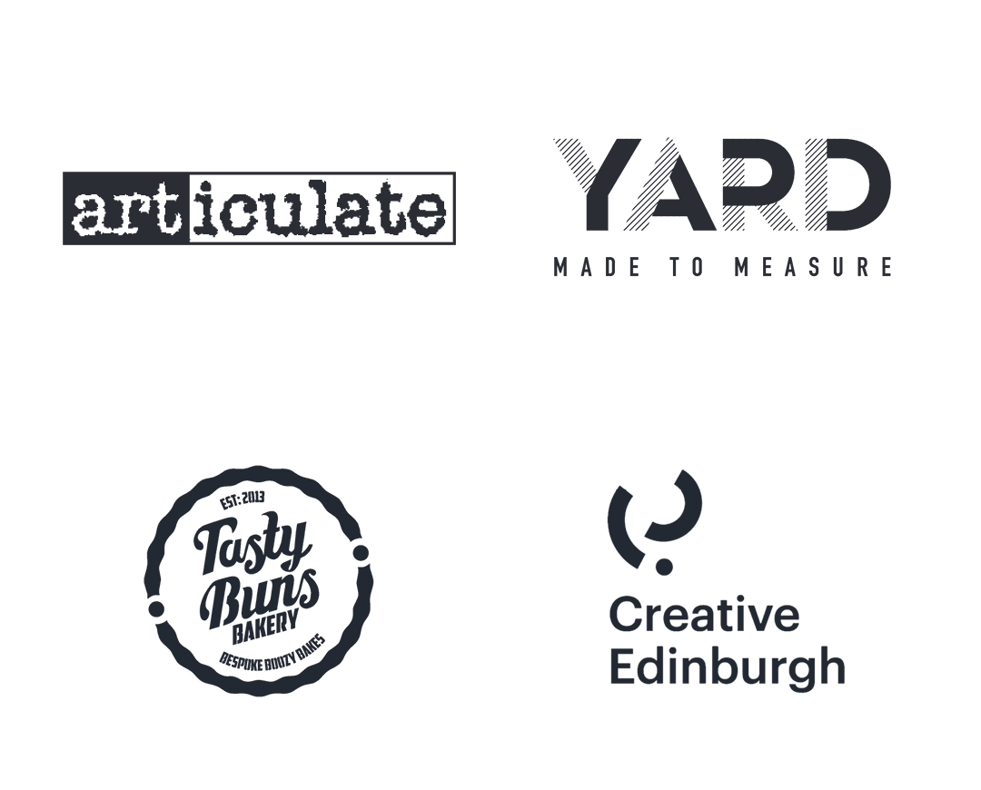 A selection of client logos, including Articulate, Yard, Tasty Buns Bakery and Creative Edinburgh.
