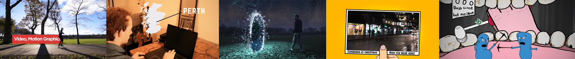 A banner of stills from some of our videos, featuring animations and some visual effects.