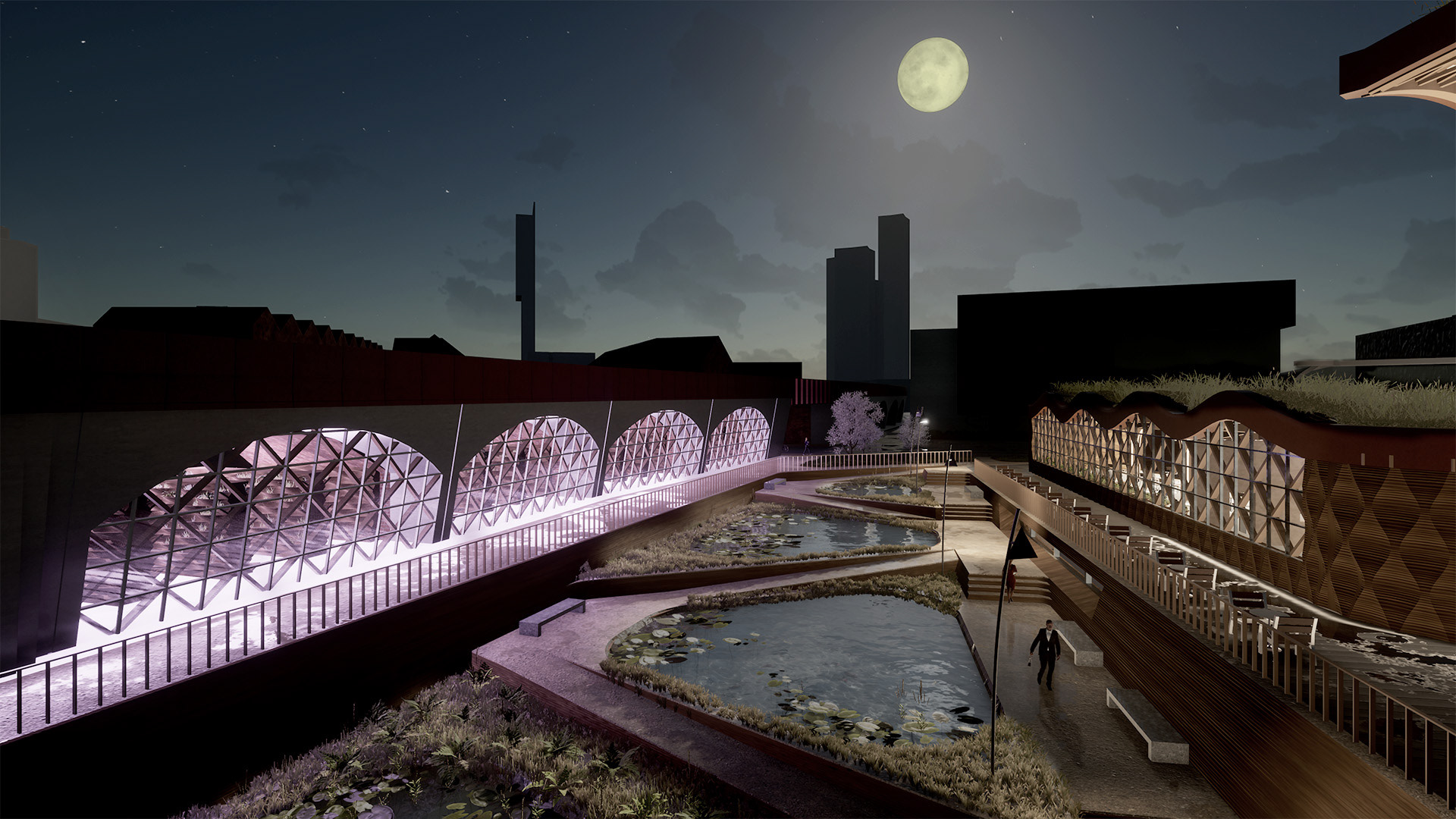 Algae, plankton, fish and reed filtration ponds filter waste water before it enters the River Irwell.