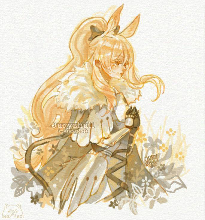 blemishine from arknights / blonde anime girl in armour / unrelated words: blue bus tomato sauce