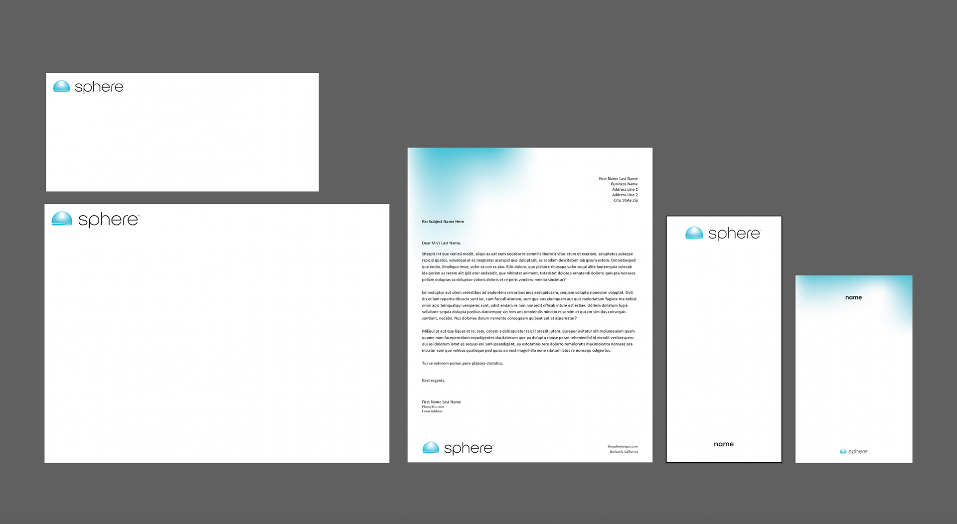 Sphere stationary (left to right): #10 envelope (top), 5x9 envelope (bottom), letterhead, buck-slip, and notepad.