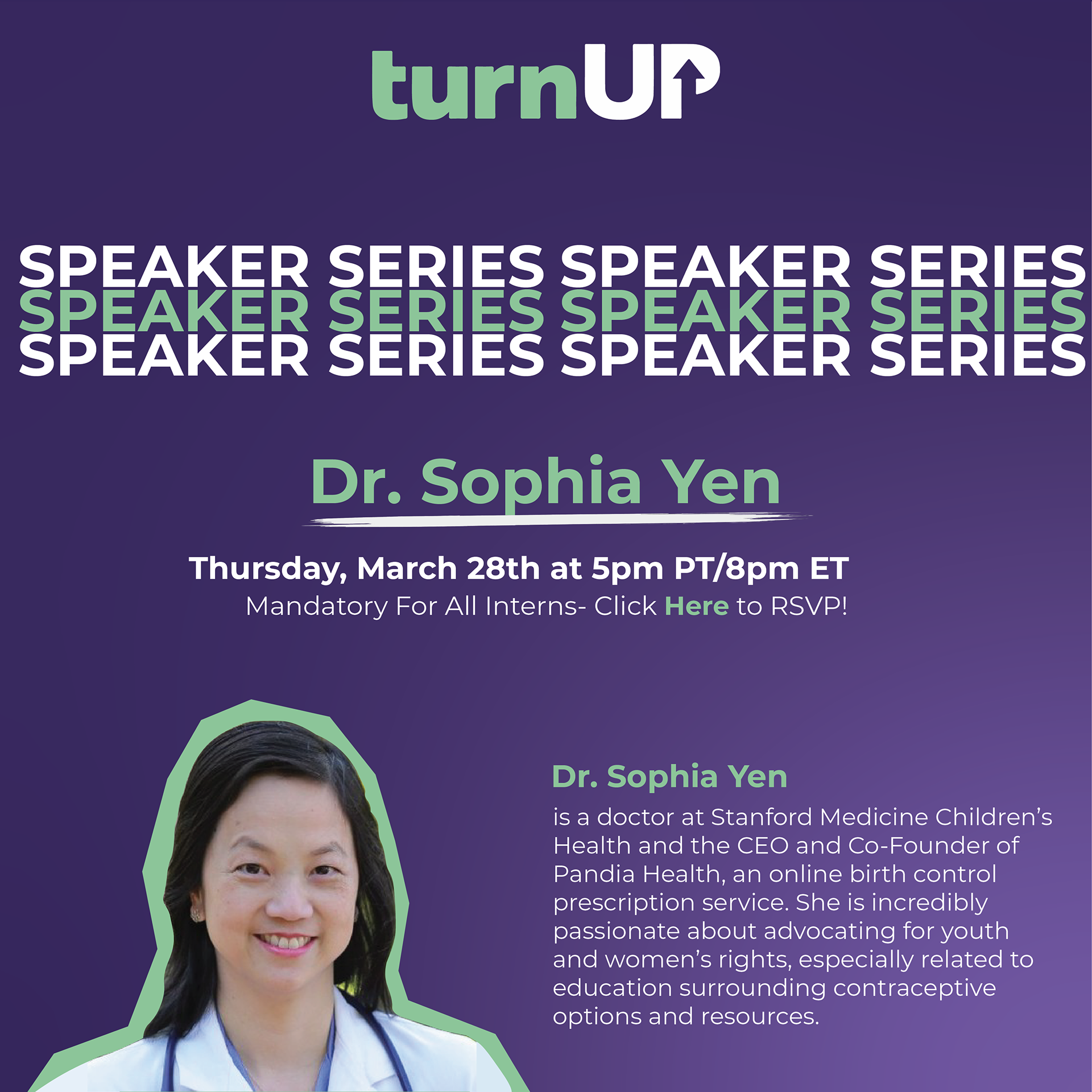 "Speaker Series" event flyer for Dr. Sophia Yen