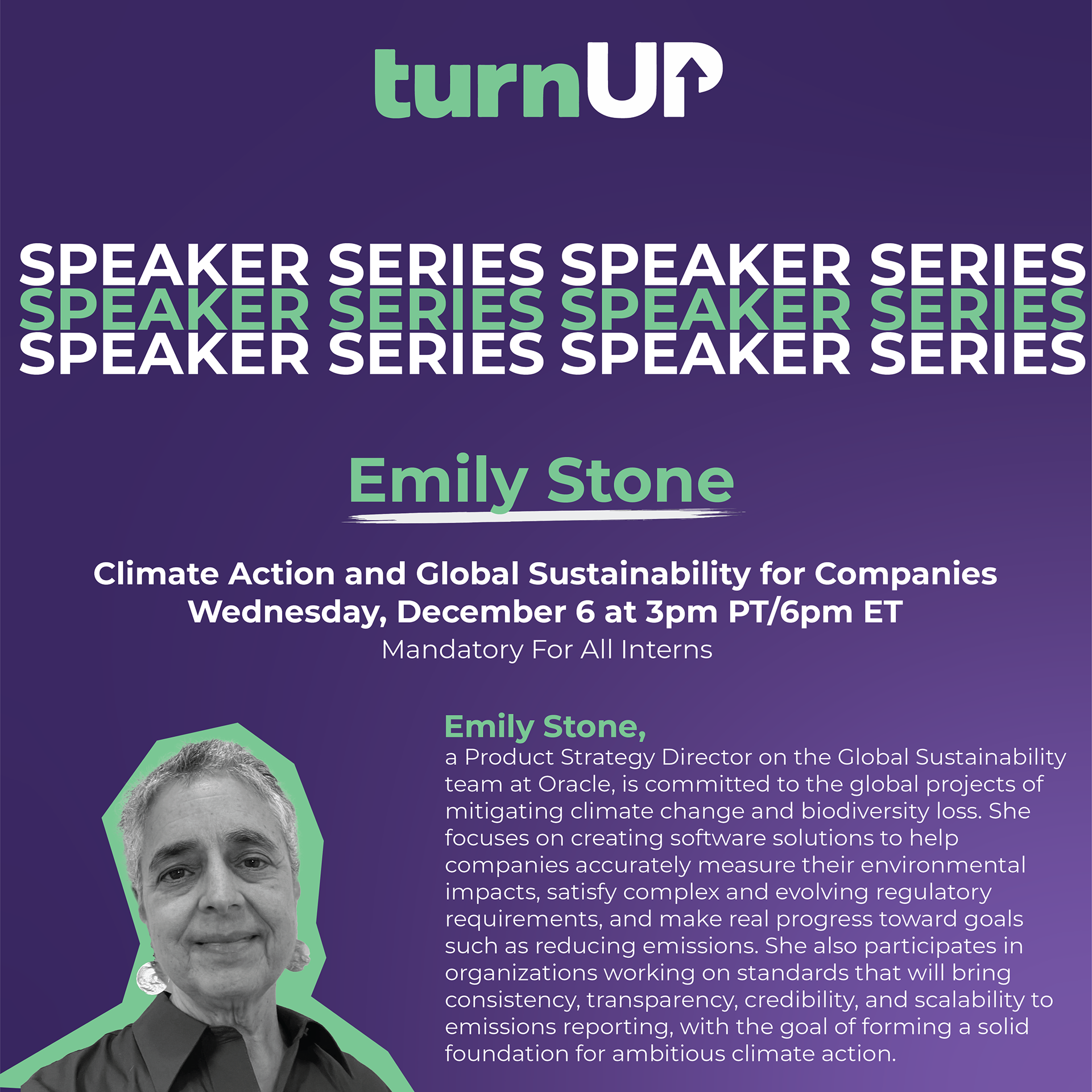 "Speaker Series" event flyer for Emily Stone