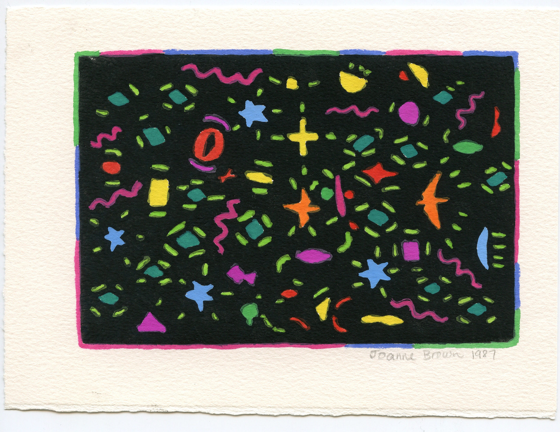 Christmas Star Birds, Hand-Painted Linoleum Print, Version 3, 1987