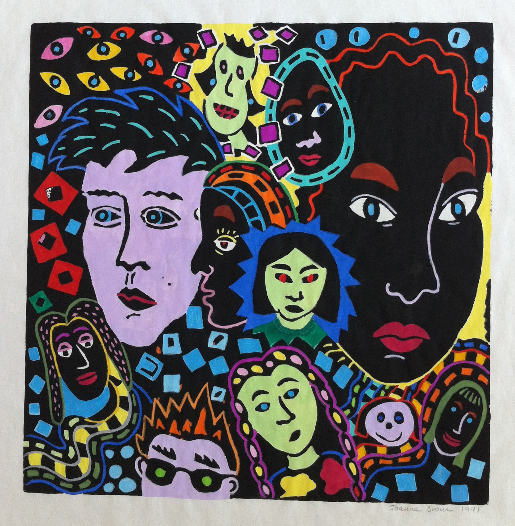 Women Faces, Hand Painted Linoleum Print, 1991
